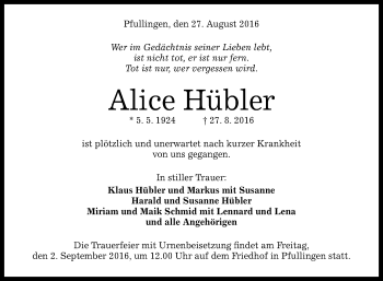 Anzeige von Alice Hübler von Reutlinger Generalanzeiger