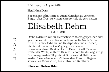 Anzeige von Elisabeth Rehm von Reutlinger Generalanzeiger