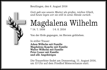 Anzeige von Magdalena Wilhelm von Reutlinger Generalanzeiger