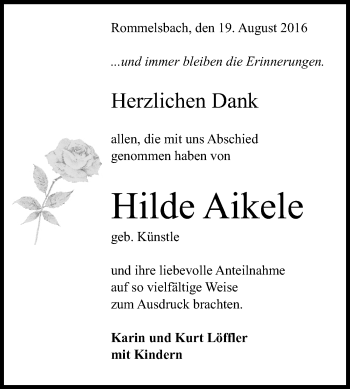 Anzeige von Hilde Aikele von Reutlinger Generalanzeiger