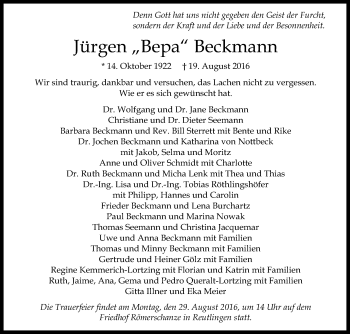 Anzeige von Jürgen Beckmann von Reutlinger Generalanzeiger