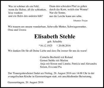 Anzeige von Elisabeth Stehle von Reutlinger Generalanzeiger