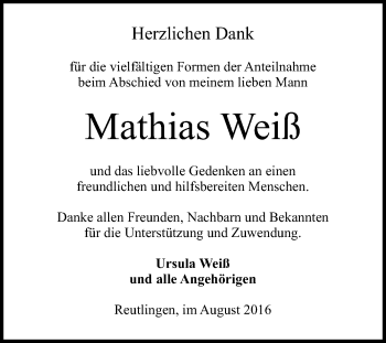 Anzeige von Mathias Weiß von Reutlinger Generalanzeiger