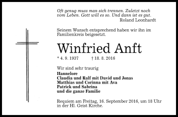 Anzeige von Winfried Anft von Reutlinger Generalanzeiger