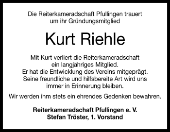 Anzeige von Kurt Riehle von Reutlinger Generalanzeiger