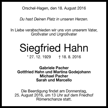 Anzeige von Siegfried Hahn von Reutlinger Generalanzeiger