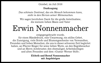 Anzeige von Erwin Nonnenmacher von Reutlinger Generalanzeiger