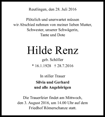 Anzeige von Hilde Renz von Reutlinger Generalanzeiger