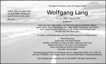 Anzeige von Wolfgang Lang von Reutlinger Generalanzeiger