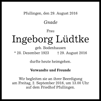 Anzeige von Ingeborg Lüdtke von Reutlinger Generalanzeiger