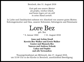 Anzeige von Lore Bez von Reutlinger Generalanzeiger