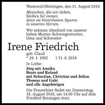 Anzeige von Irene Friedrich von Reutlinger Generalanzeiger