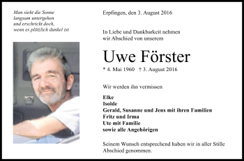 Anzeige von Uwe Förster von Reutlinger Generalanzeiger