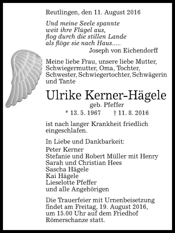 Anzeige von Ulrike Kerner-Hägele von Reutlinger Generalanzeiger