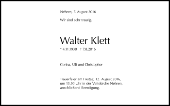 Anzeige von Walter Klett von Reutlinger Generalanzeiger