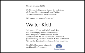 Anzeige von Walter Klett von Reutlinger Generalanzeiger