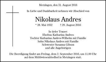 Anzeige von Nikolaus Andres von Reutlinger Generalanzeiger