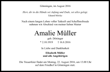 Anzeige von Amalie Müller von Reutlinger Generalanzeiger