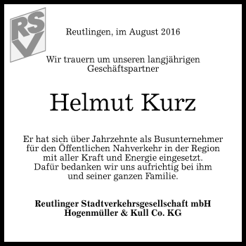 Anzeige von Helmut Kurz von Reutlinger Generalanzeiger