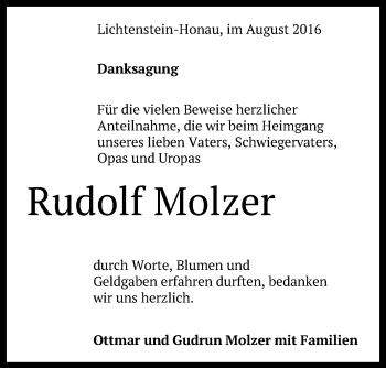 Anzeige von Rudolf Molzer von Reutlinger Generalanzeiger