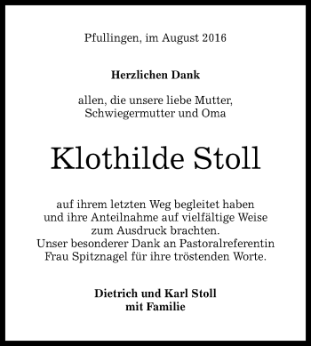 Anzeige von Klothilde Stoll von Reutlinger Generalanzeiger