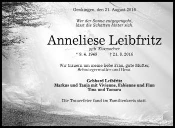 Anzeige von Anneliese Leibfritz von Reutlinger Generalanzeiger
