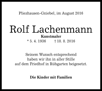 Anzeige von Rolf Lachenmann von Reutlinger Generalanzeiger