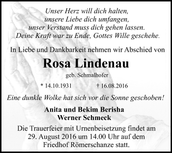 Anzeige von Rosa Lindenau von Reutlinger Generalanzeiger
