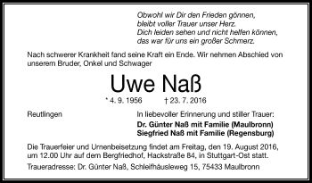Anzeige von Uwe Naß von Reutlinger Generalanzeiger