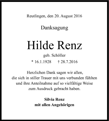 Anzeige von Hilde Renz von Reutlinger Generalanzeiger