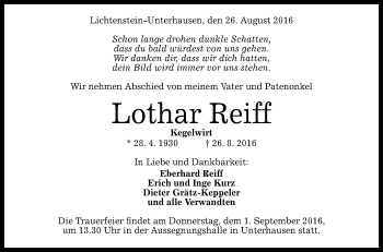 Anzeige von Lothar Reiff von Reutlinger Generalanzeiger