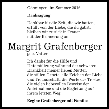 Anzeige von Margrit Grafenberger von Reutlinger Generalanzeiger