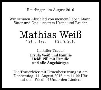 Anzeige von Mathias Weiß von Reutlinger Generalanzeiger
