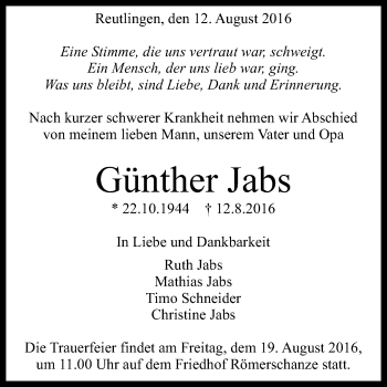 Anzeige von Günther Jabs von Reutlinger Generalanzeiger