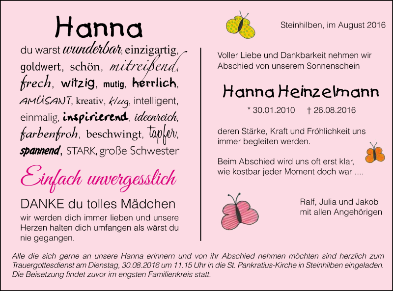  Traueranzeige für Hanna Heinzelmann vom 29.08.2016 aus Reutlinger Generalanzeiger