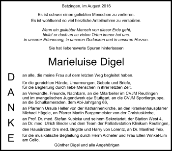 Anzeige von Marieluise Digel von Reutlinger Generalanzeiger