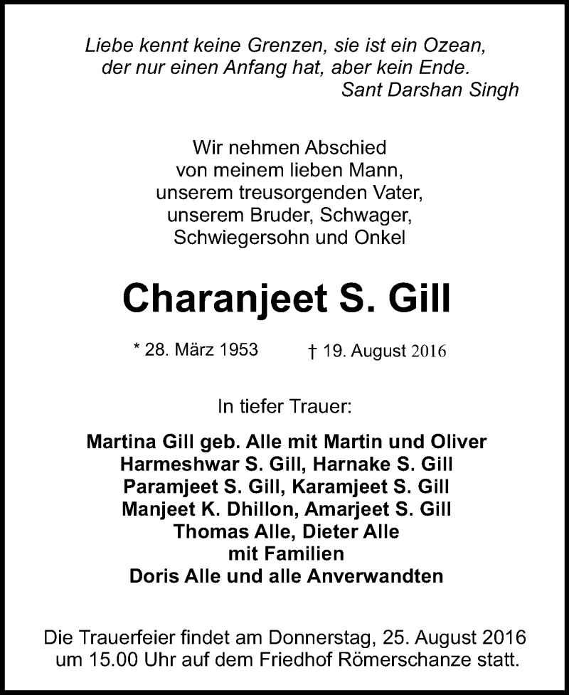  Traueranzeige für Charanjeet S. Gill vom 23.08.2016 aus Reutlinger Generalanzeiger