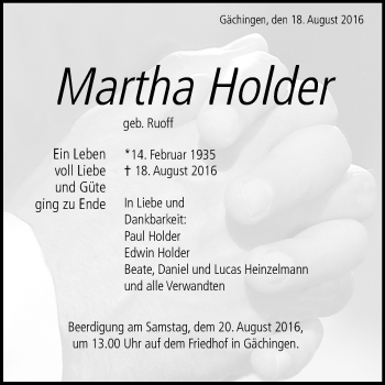 Anzeige von Martha Holder von Reutlinger Generalanzeiger