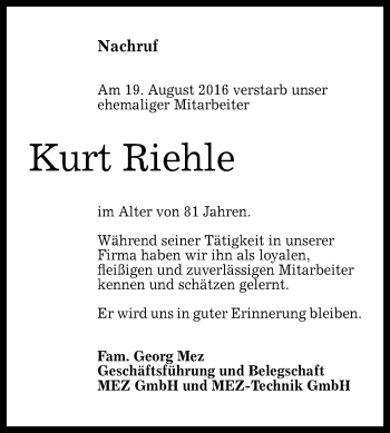 Anzeige von Kurt Riehle von Reutlinger Generalanzeiger