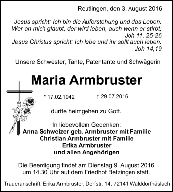 Anzeige von Maria Armbruster von Reutlinger Generalanzeiger