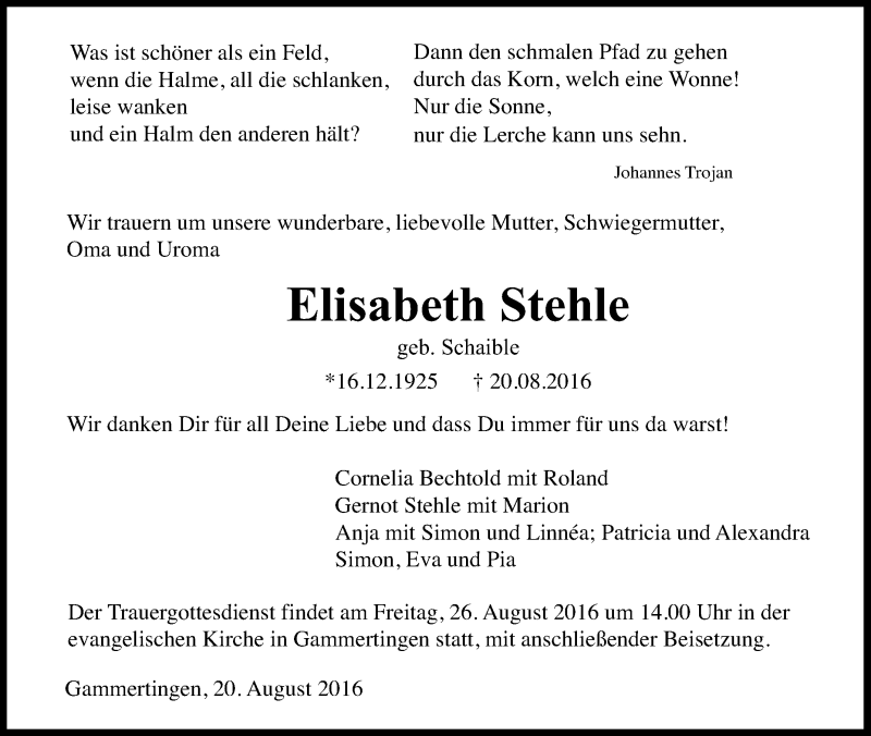  Traueranzeige für Elisabeth Stehle vom 24.08.2016 aus Reutlinger Generalanzeiger