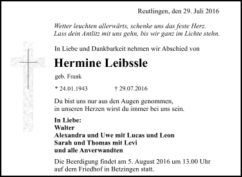 Anzeige von Hermine Leibssle von Reutlinger Generalanzeiger