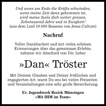 Anzeige von Dan Tröster von Reutlinger Generalanzeiger