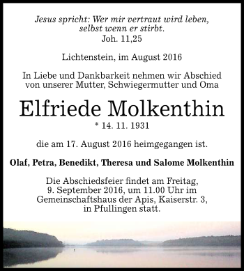 Anzeige von Elfriede Molkenthin von Reutlinger Generalanzeiger