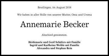 Anzeige von Annemarie Becker von Reutlinger Generalanzeiger