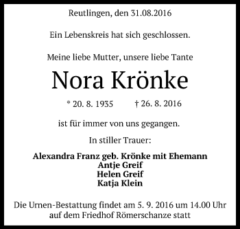 Anzeige von Nora Krönke von Reutlinger Generalanzeiger