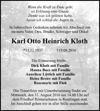Anzeige von Karl Otto Heinrich Kloth von Reutlinger Generalanzeiger