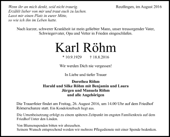 Anzeige von Karl Röhm von Reutlinger Generalanzeiger