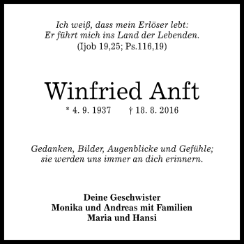 Anzeige von Winfried Anft von Reutlinger Generalanzeiger