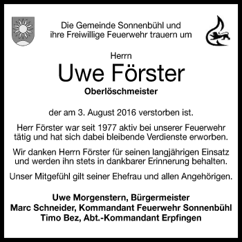 Anzeige von Uwe Förster von Reutlinger Generalanzeiger